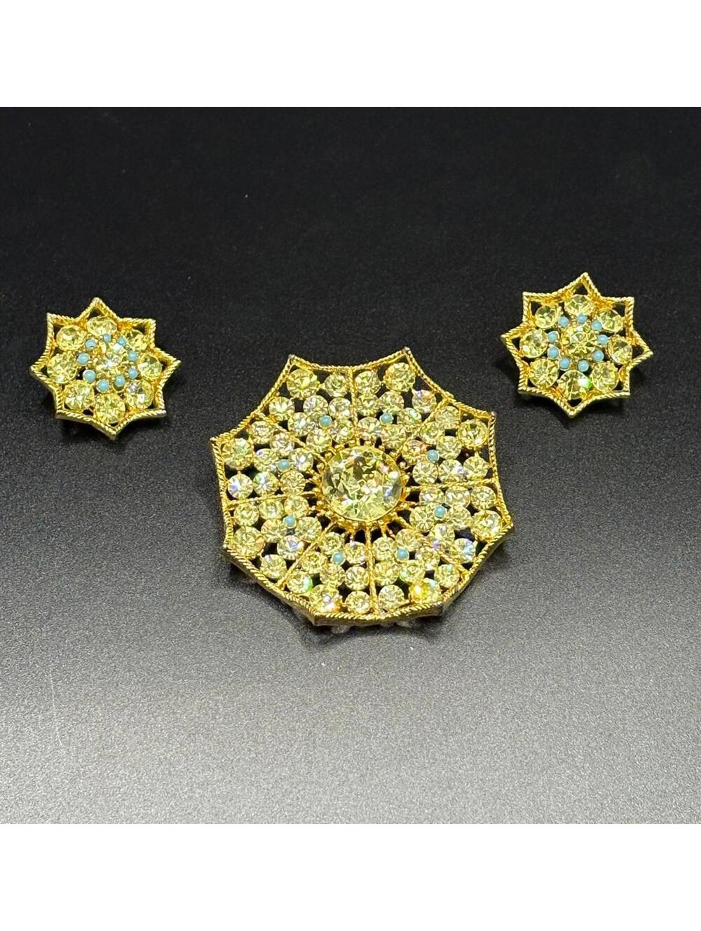 Vintage BSK Spider Web Brooch and Earring set - Canary Yellow and Turquoise